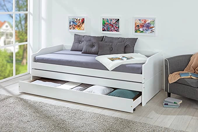LETTO SINGOLO LOTAR 90X200 ESTRAIBILE E TRASFORMABILE IN 3 LETTI O MATRIMONIALE PINO TINTO BIANCO