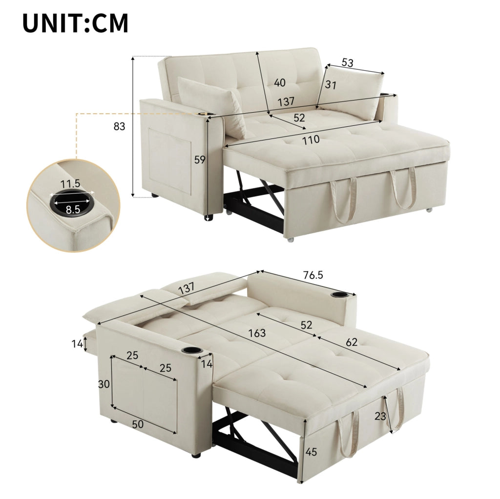 Divano letto ULEVR 137 cm in velluto beige, schienale regolabile a 3 posizioni con portabevande e tasche laterali