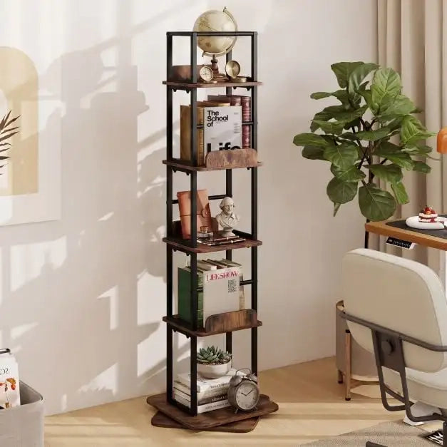 Libreria Girevole a 360° a 5 Ripiani Scaffale a Colonna Salvaspazio con Telaio in Metallo per Casa e Ufficio Marrone