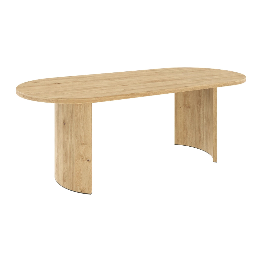 Tavolo da pranzo 200x90 cm per 6-8 persone, colore quercia, stile semplice con piano spesso, gambe curve e angoli arrotondati