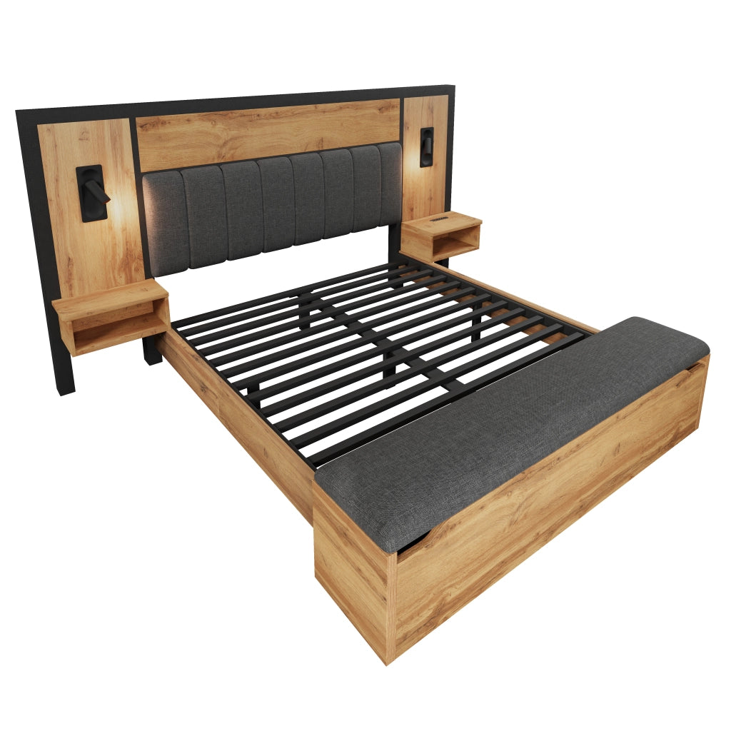 Letto 180x200 cm con comodini; panca contenitore; luci di lettura e USB/Type-C; effetto rovere