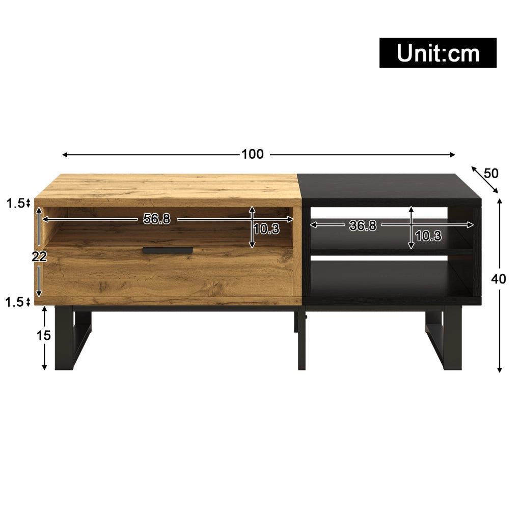 Tavolino da caffè con 3 vani aperti e cassetto 100x50x40 cm; truciolare effetto legno e nero