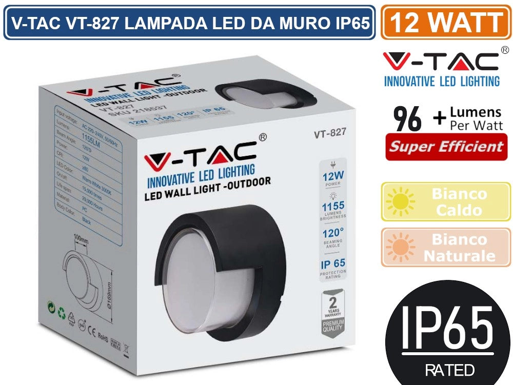 V-TAC VT-827 LAMPADA LED DA MURO 12W WALL LIGHT IP65 APPLIQUE ROTONDA COLORE NERO - Colore Luce:Bianco Caldo