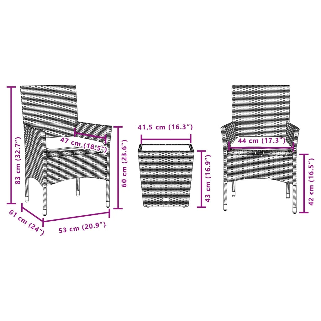 Set da Bistr¨° 3 pz | Set Salotto da Giardino con Cuscini Grigio Polyrattan e Vetro