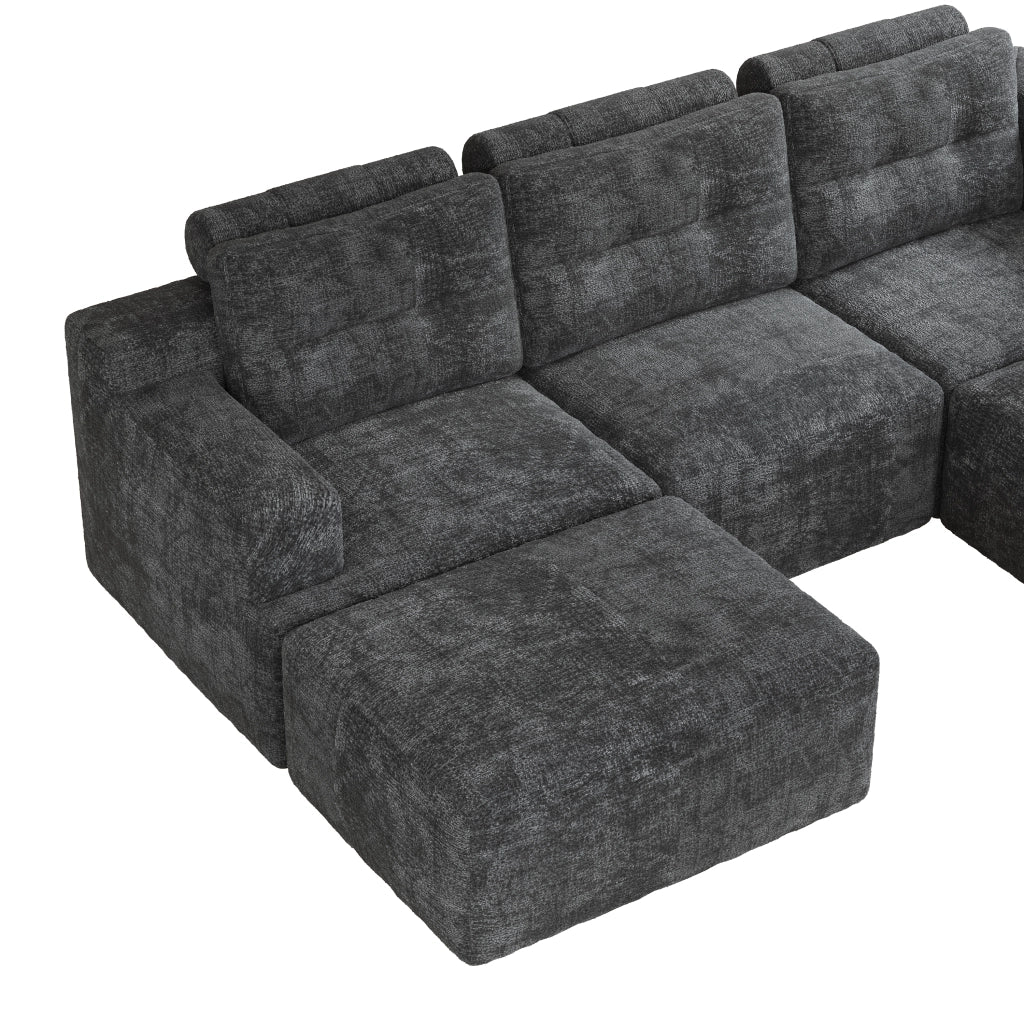 Divano modulare 5 posti 252x180 cm con pouf senza telaio in ciniglia grigio