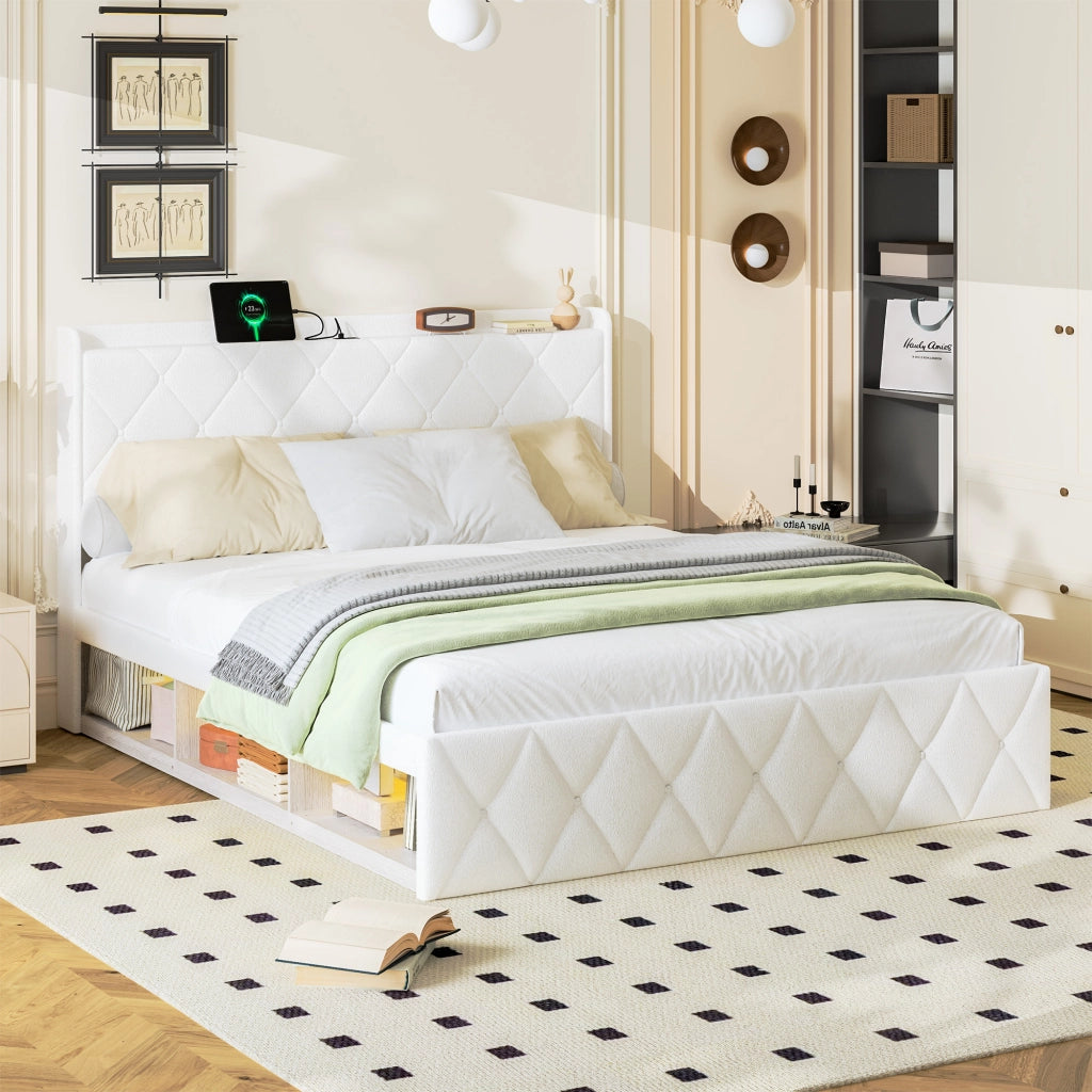 Letto imbottito 160 × 200 cm con testiera a orecchie; USB; prese e LED sottoletto in tessuto teddy bianco