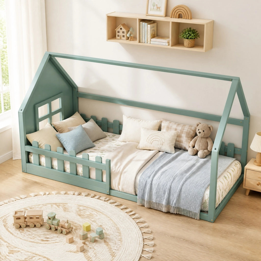 Letto a casetta 90 × 200 cm con 7 doghe struttura bassa in legno e MDF verde per cameretta