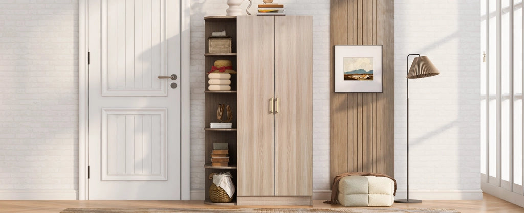 Guardaroba 90 x 55 x 170 cm con doppia anta, ripiani multipli e ampia barra appendiabiti, finitura effetto legno naturale