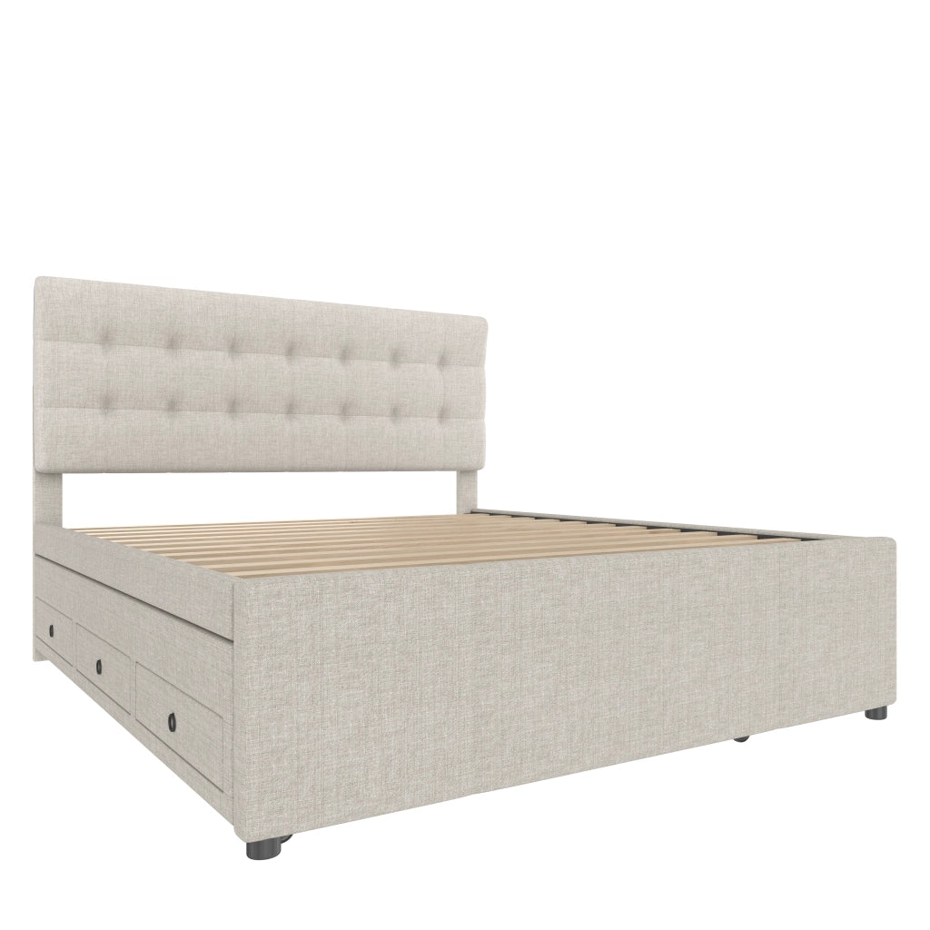 Letto imbottito 140x200 cm con letto estraibile e 3 cassetti in lino beige