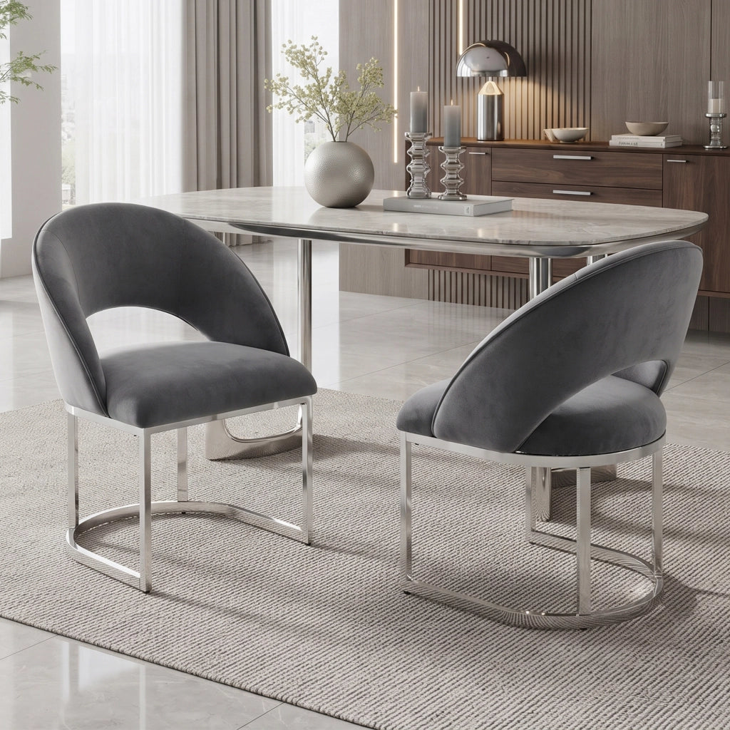 Set di 6 sedie da pranzo in velluto grigio con gambe metalliche color argento