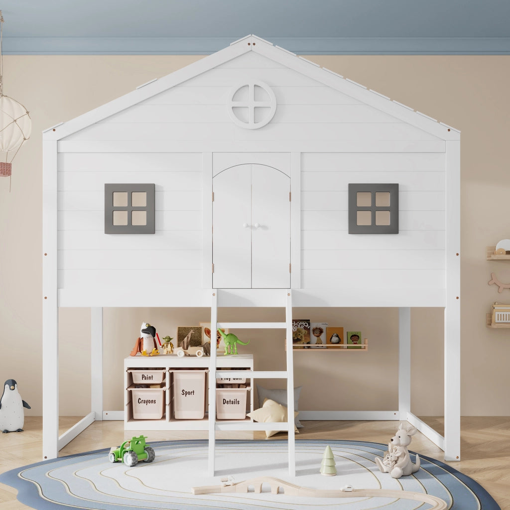 Letto a soppalco per bambini 90 × 200 cm con scala e protezione anticaduta in legno e MDF bianco e grigio