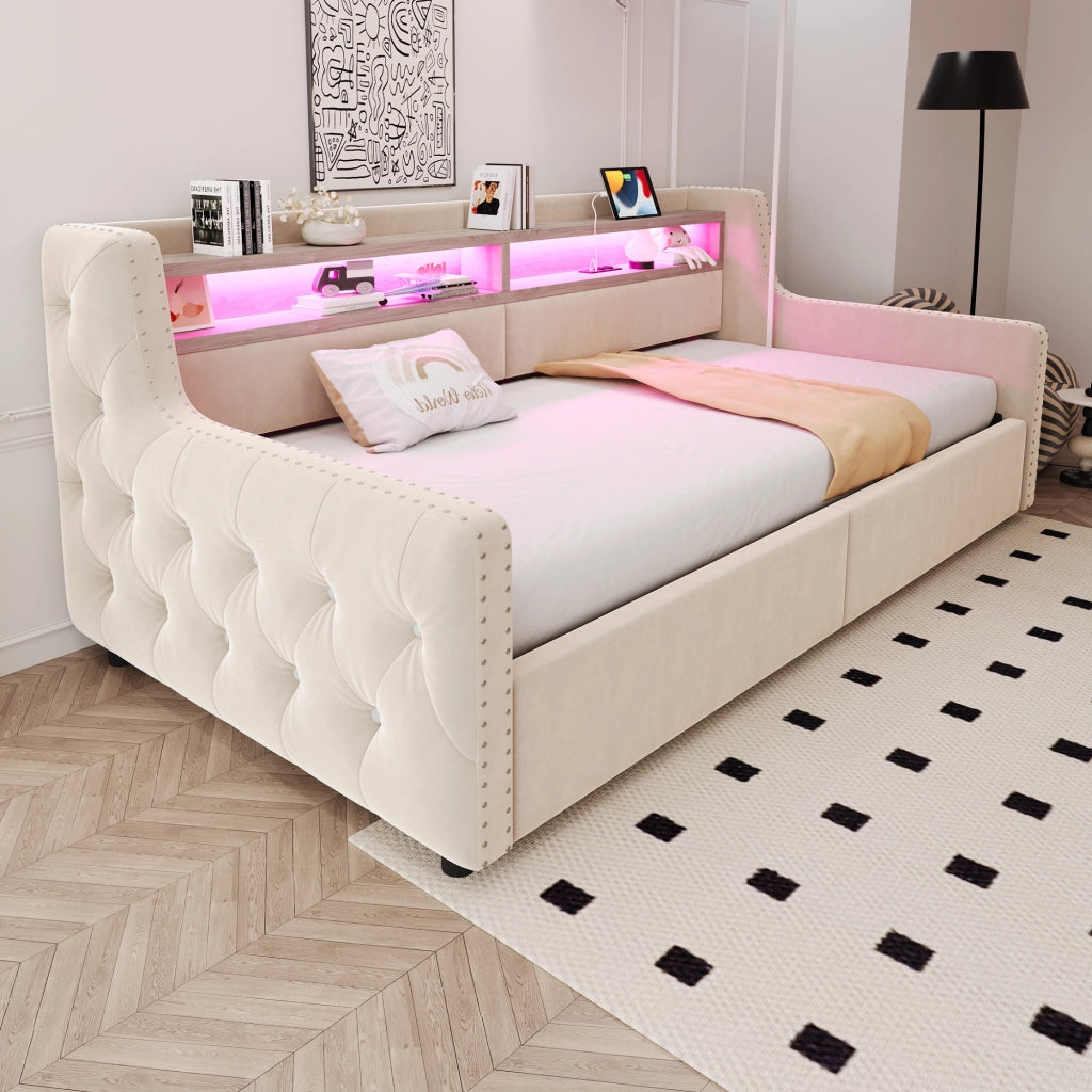 Letto divano 90 × 200 cm 1 posto con contenitore; LED; mensola; presa; USB e tipo C; senza materasso; beige