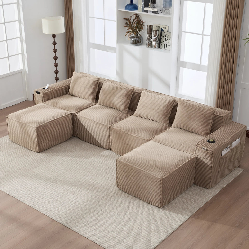 Divano modulare a 4 posti in velluto a coste kaki con 2 pouf portabevande e tasche laterali 330 × 162 × 75 cm