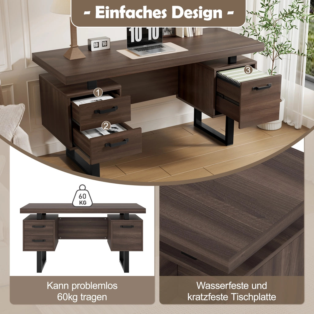SCRIVANIA da Ufficio 135x54 cm MDF e Metallo Marrone Scuro e Nero
