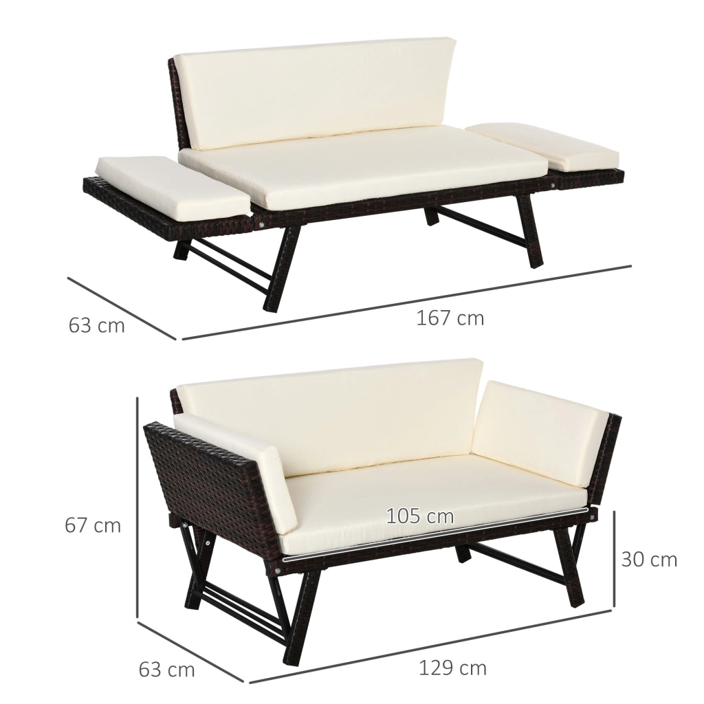 Divano da giardino con braccioli ribaltabili in rattan marrone