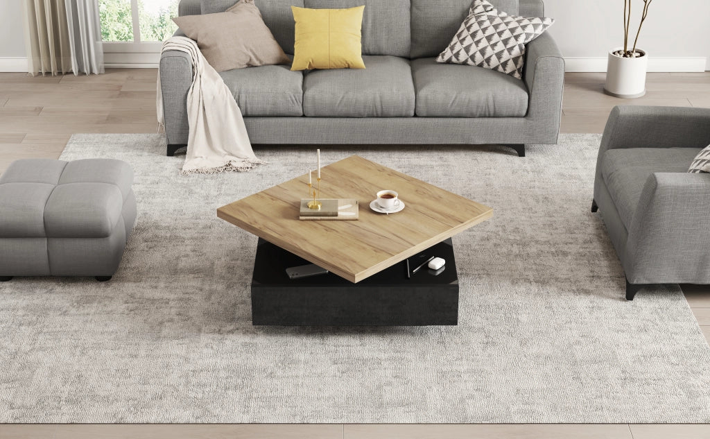 Tavolino da Salotto Quadrato con Piano Girevole a 360 Gradi Noce e Nero 70x70x36 cm