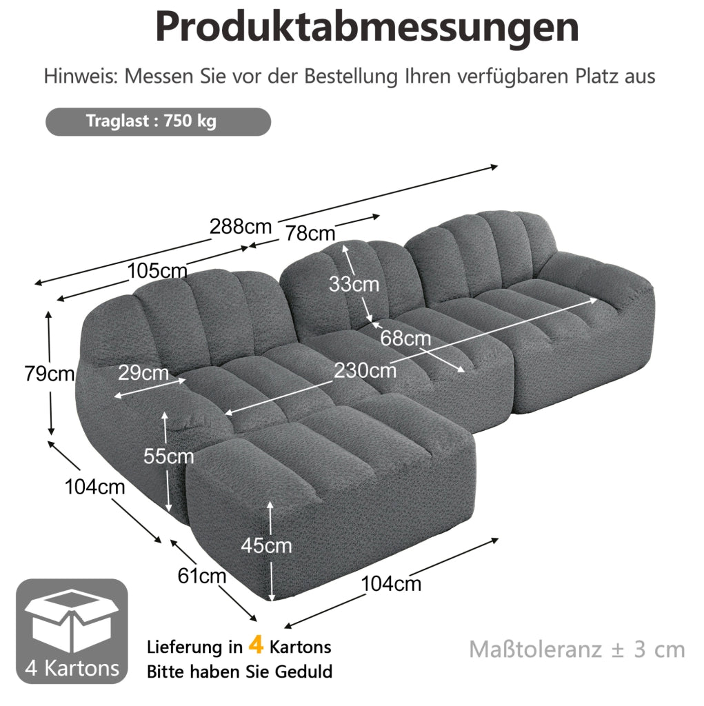 Divano modulare angolare a 3 posti con pouf, schiuma ad alta densità 32D, rivestimento in fleece granulato grigio