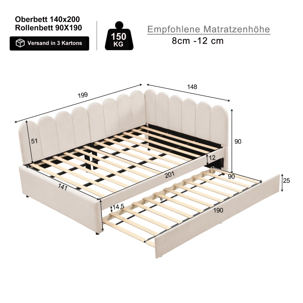 Divano letto 140 × 200 cm con letto estraibile a rotelle schienale a petalo in velluto beige