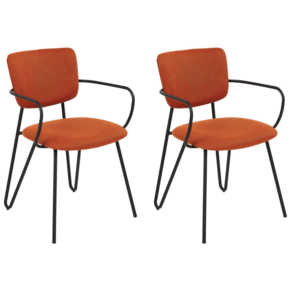 Set di 2 sedie da pranzo Rivestimento in tessuto strutturale in poliestere arancione Gambe in metallo nero Schienale curvo senza braccioli Design moderno e contemporaneo