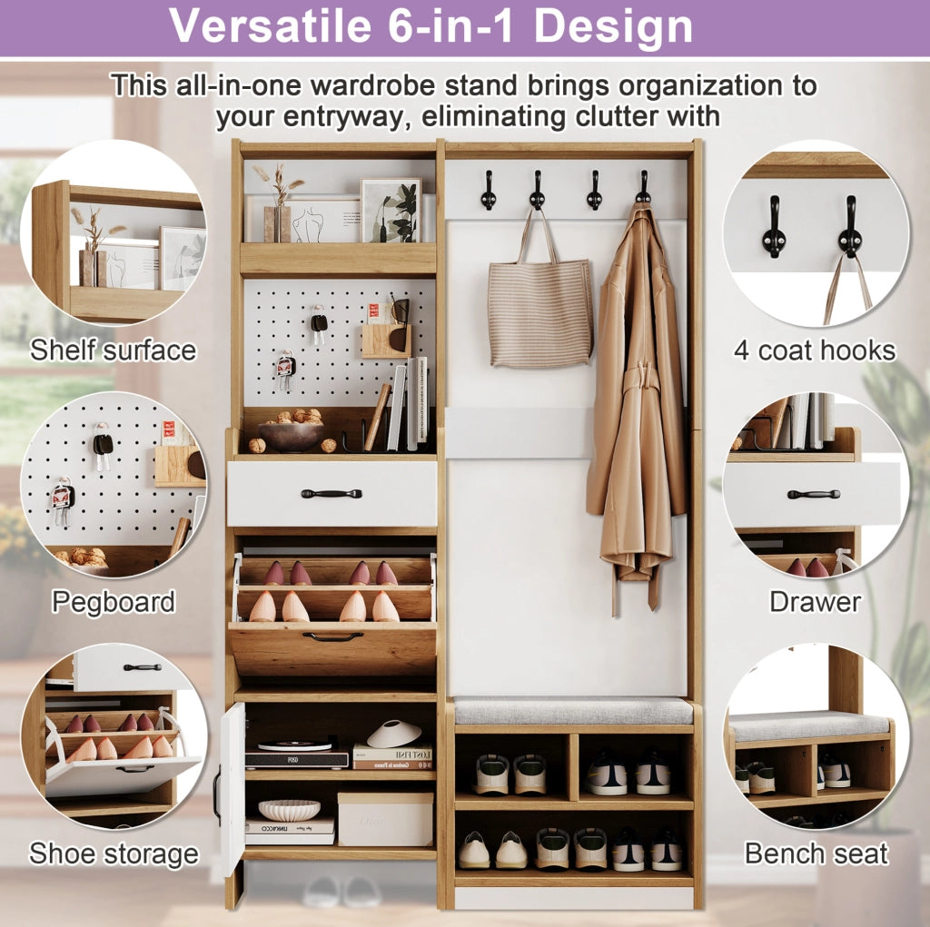 Guardaroba moderno per ingresso con scarpiera, panca imbottita, appendiabiti, cassetto, anta, vano a ribalta e ripiani aperti, rovere/bianco, 108,5 x 35 x 180 cm
