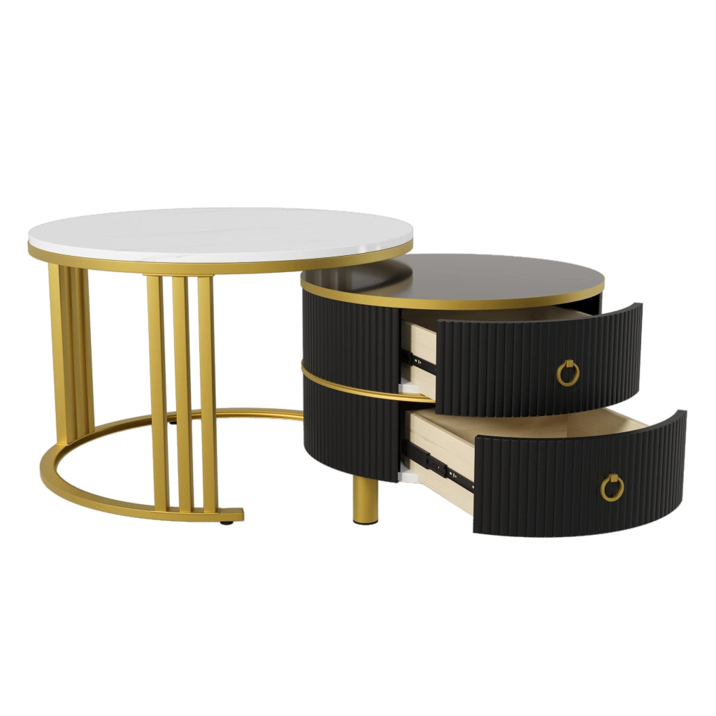 Tavolini da salotto impilabili rotondi con 2 cassetti e piano effetto marmo lucido, in MDF e metallo, nero e oro