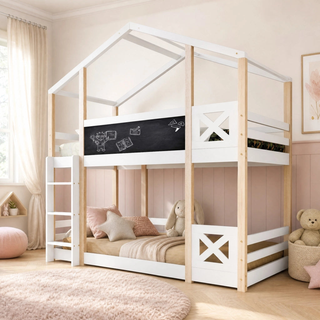 Letto a soppalco per bambini 90x200 cm con lavagna e scala