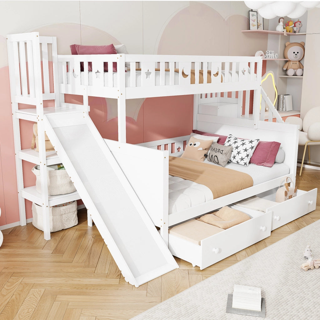 Letto a castello per bambini con scivolo, in legno bianco, con scala, 2 cassetti e rete a doghe, 90 x 200 / 140 x 200 cm