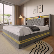 Letto matrimoniale 160x200 cm contenitore con LED; USB e Type-C; testiera con ripiani; velluto grigio scuro