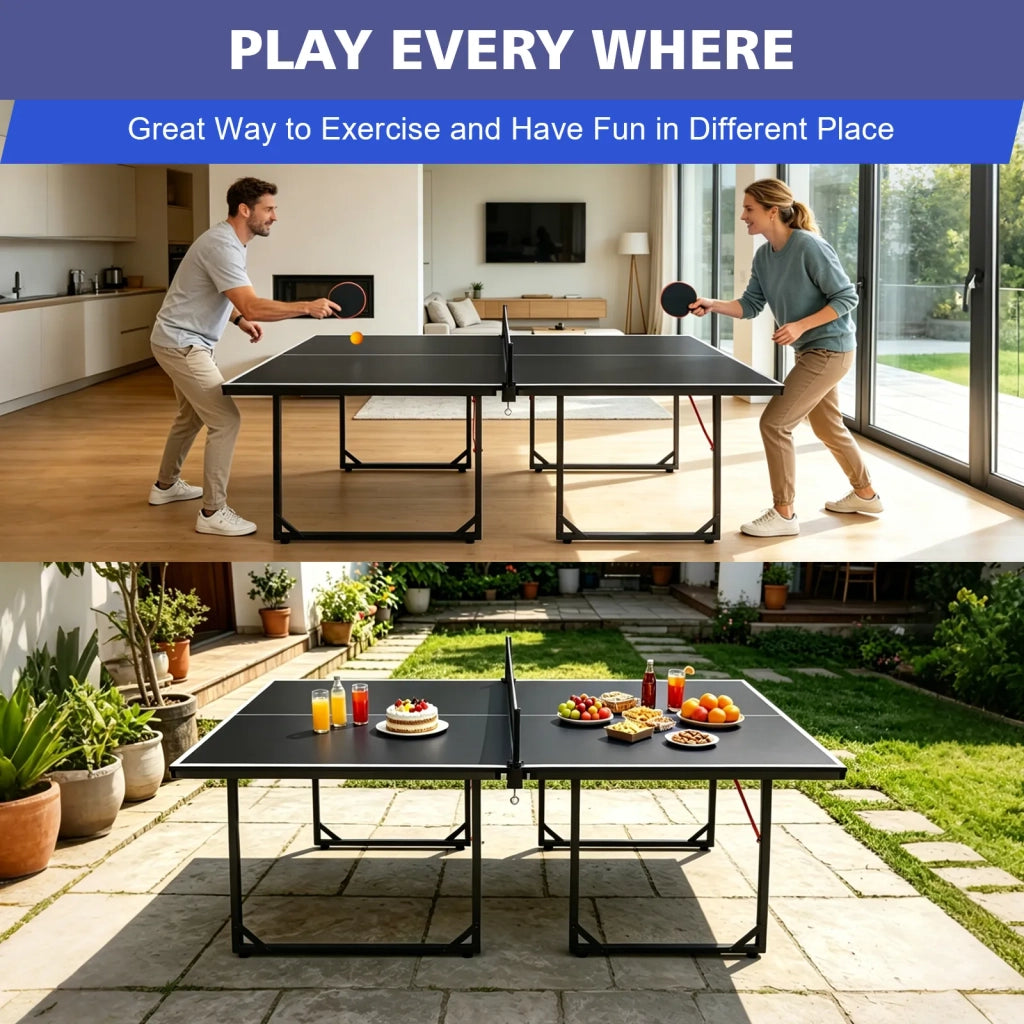 Tavolo da Ping Pong 182 cm, pieghevole e portatile per interni ed esterni. Set con rete, 2 racchette e 3 palline. Piano nero, gambe nere.
