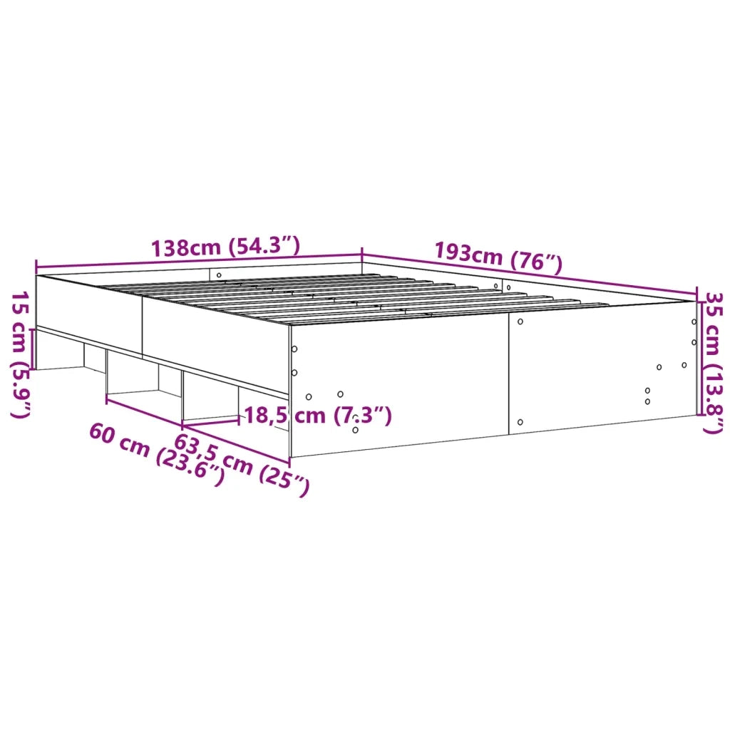 Letto matrimoniale | Letto per adulti | Giroletto Grigio Cemento 135x190 cm in Legno Multistrato