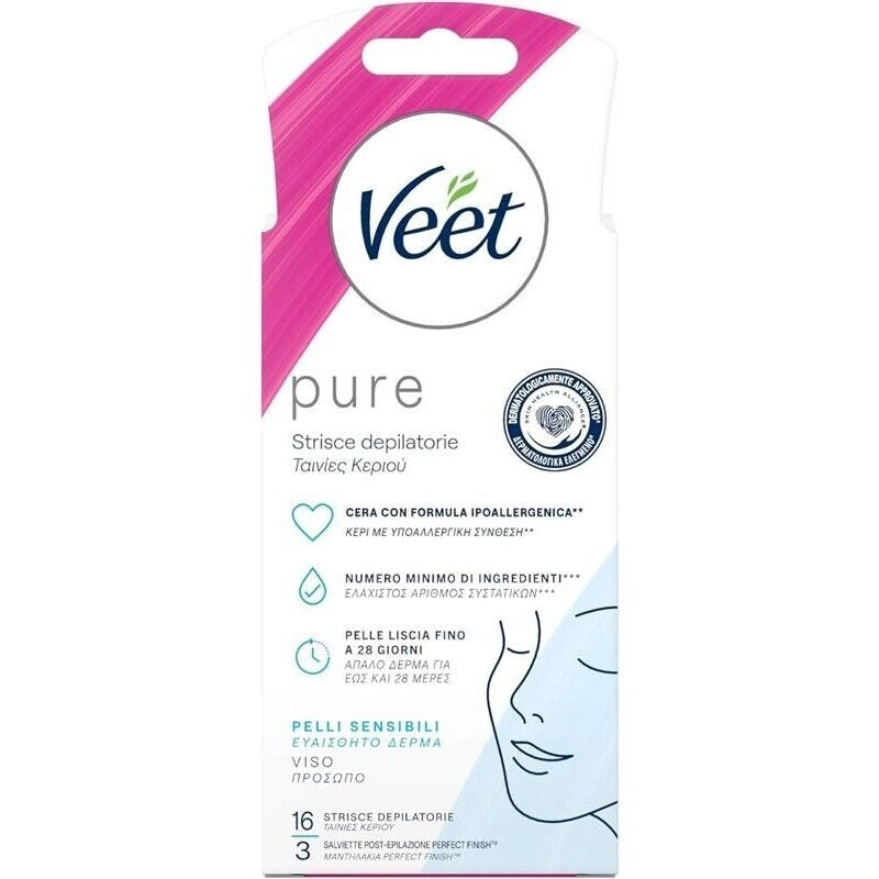 VEET PURE STRISCE DEPILATORIE VISO IPOALLERGENICHE CERETTA BAFFETTI E VISO DERMATOLOGICAMENTE TESTATE 16 STRISCE