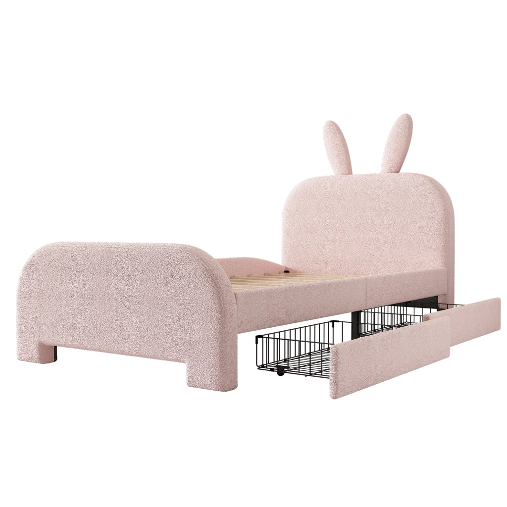 Letto 90x200 cm con testiera a coniglio e 2 cassetti in peluche rosa