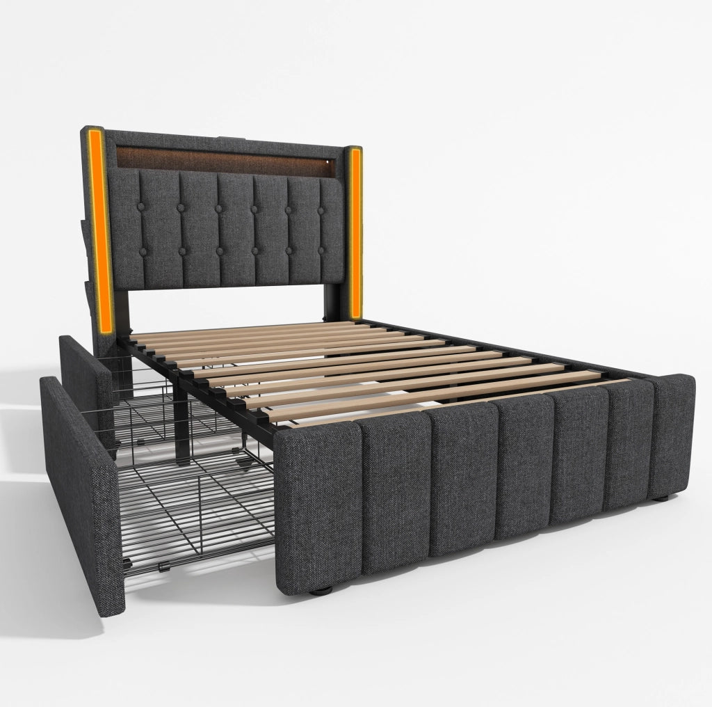 Letto singolo 90x200 cm con USB Type-C; LED e 2 cassetti; lino grigio