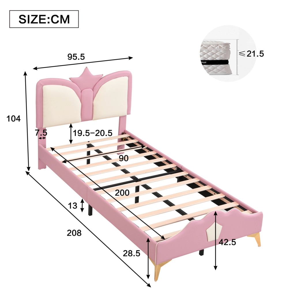 Letto imbottito per bambini 90x200 cm con testiera a corona in PU rosa e bianco
