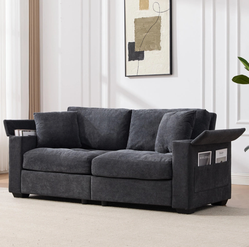 Divano 2 posti moderno in chenille grigio scuro con contenitore nei braccioli e cuscini
