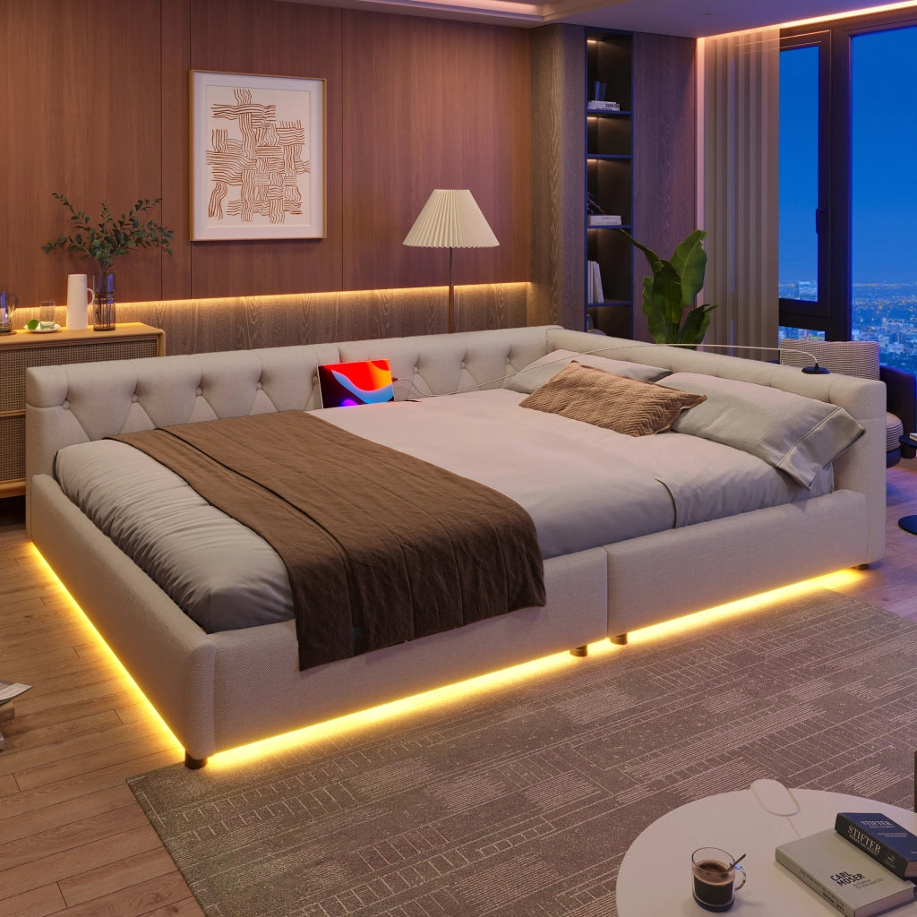 Letto divano matrimoniale 140 × 200 cm con USB; ricarica tipo C e LED regolabile; senza materasso; beige