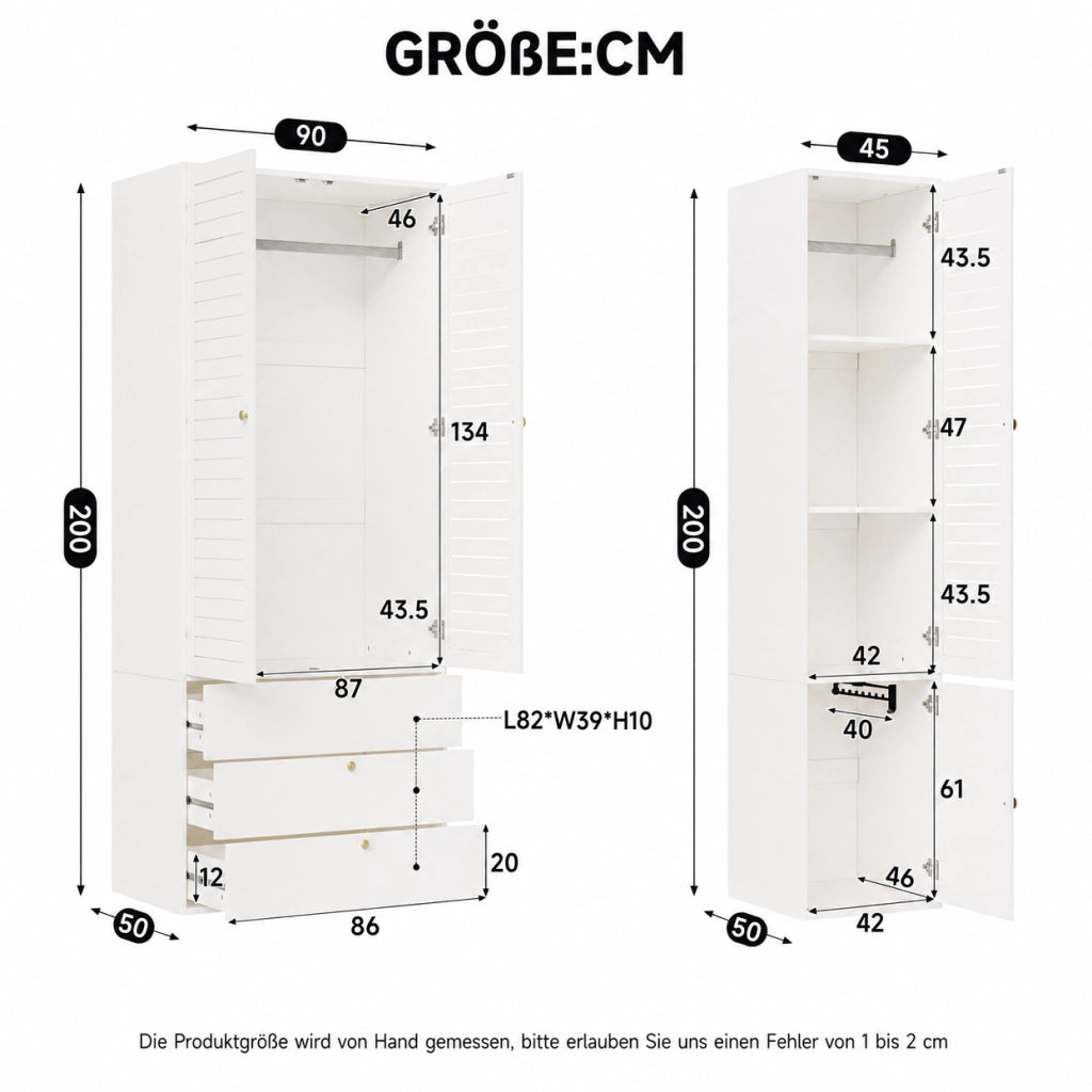 Armadio 5 ante 225x50x200 cm con 6 cassetti e 3 appendiabiti in truciolare bianco