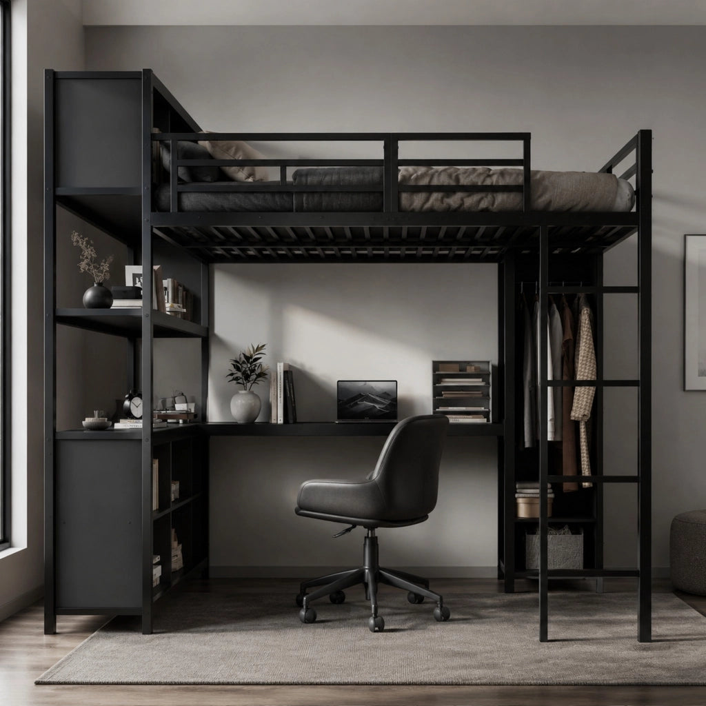 Letto a soppalco 140x200 cm con scrivania; armadio e vani contenitore in metallo e truciolare nero