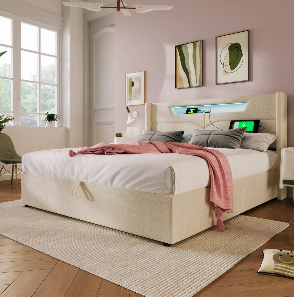 Letto contenitore 140x200 beige in lino con LED, USB e Type-C