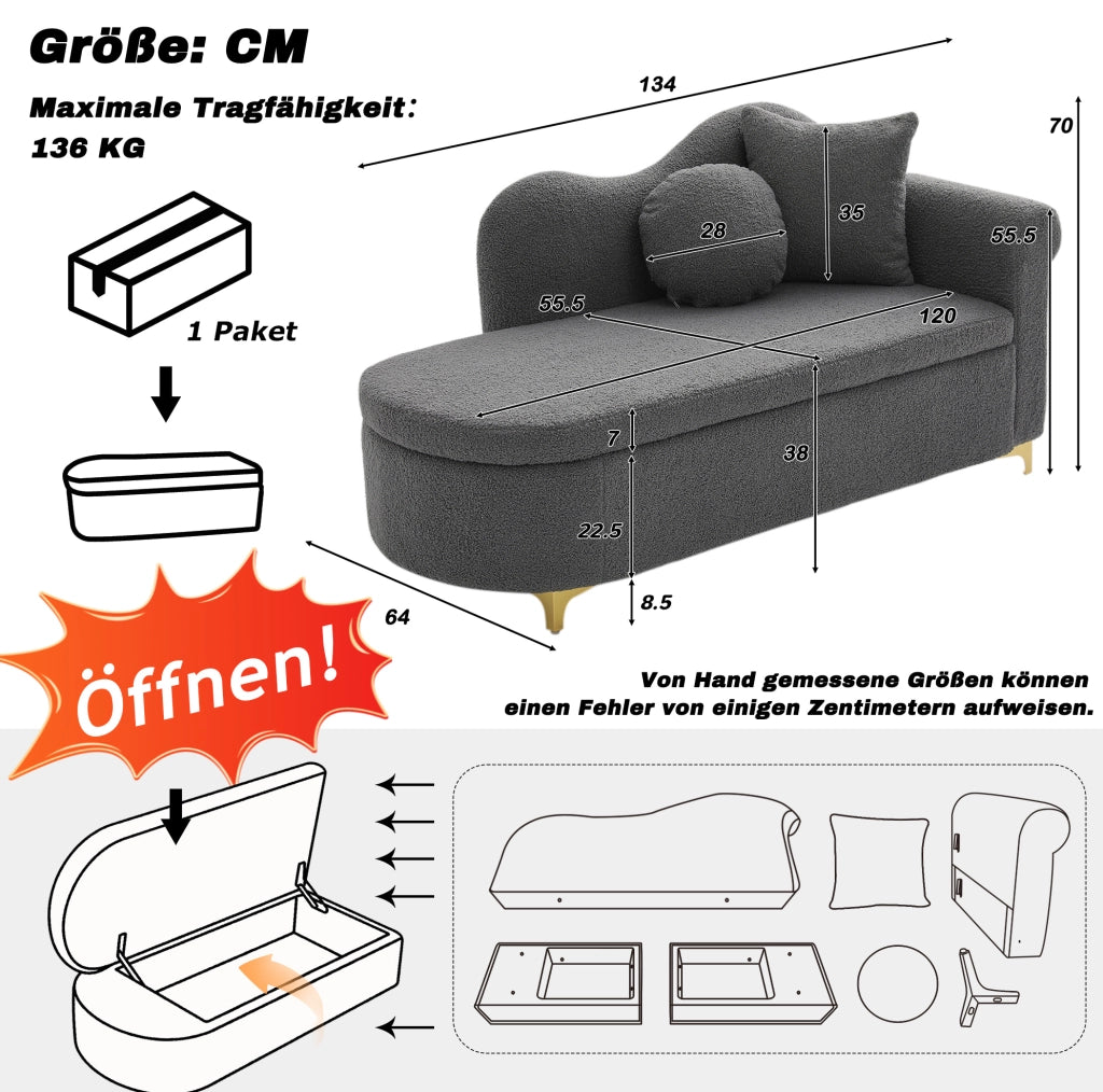 Chaise longue con contenitore 134 cm grigio antico