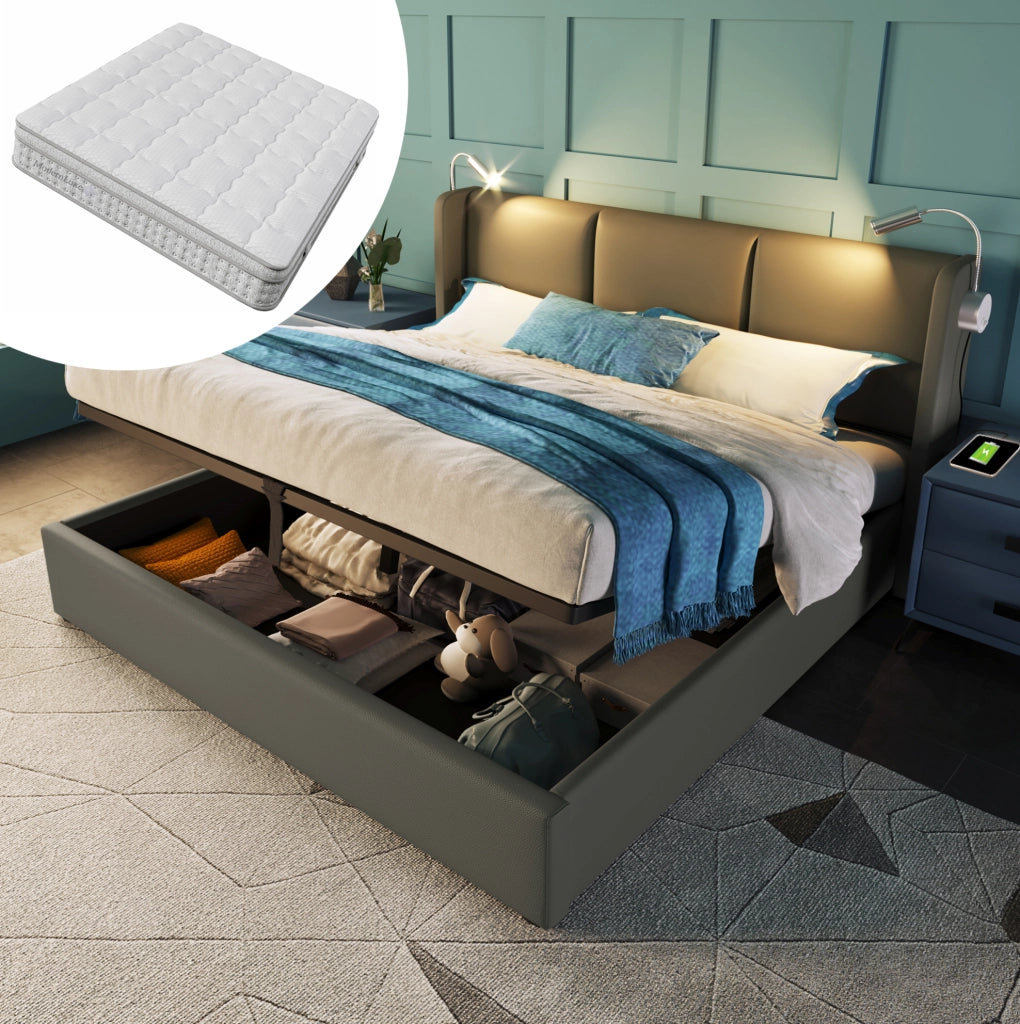 Letto matrimoniale 160x200 cm imbottito in PU grigio con contenitore; luce lettura e USB