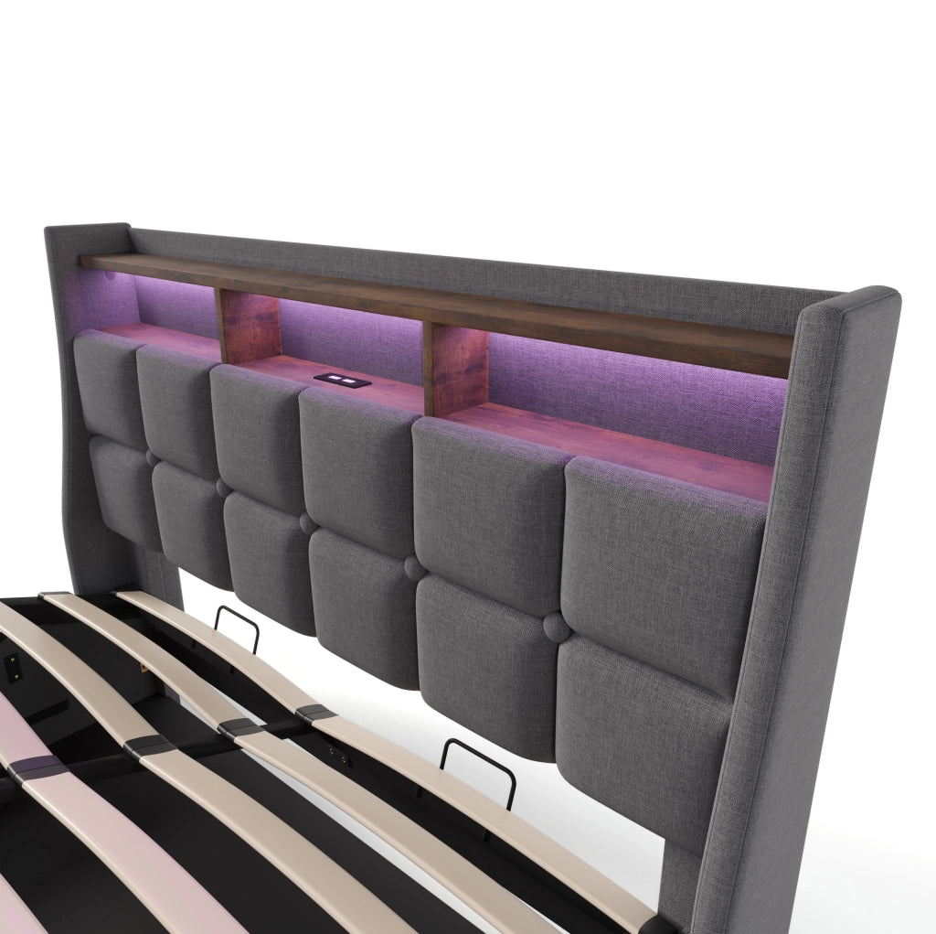 Letto matrimoniale 180x200 in lino grigio con USB， LED e contenitore， senza materasso