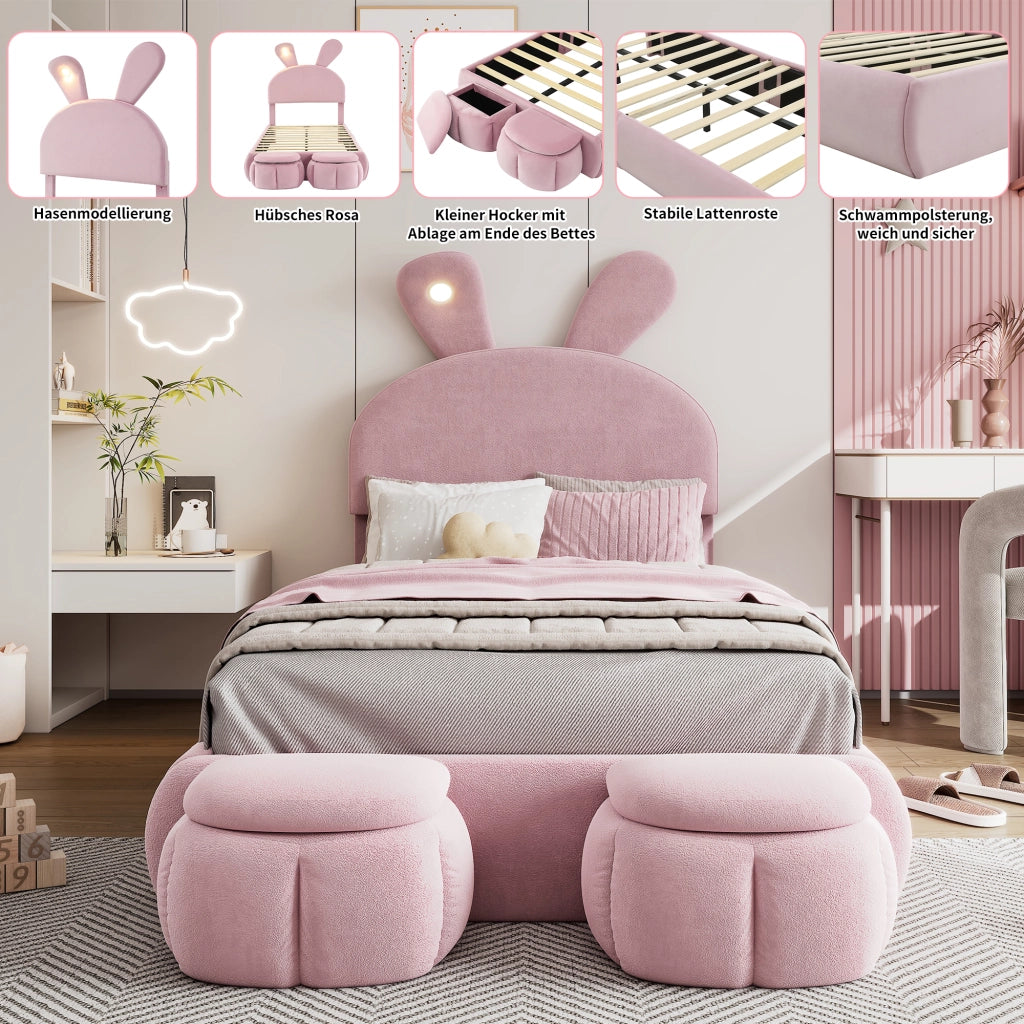 Letto singolo imbottito 90 × 200 cm in velluto rosa con orecchie da coniglio luce LED regolabile e due pouf contenitore
