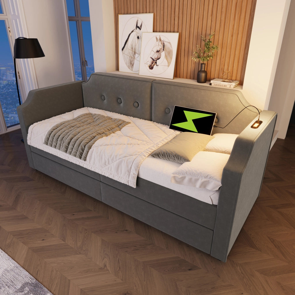 Letto con cassetti 90 × 200 cm con 2 cassetti; luce da lettura USB e Type-C; velluto grigio con rete