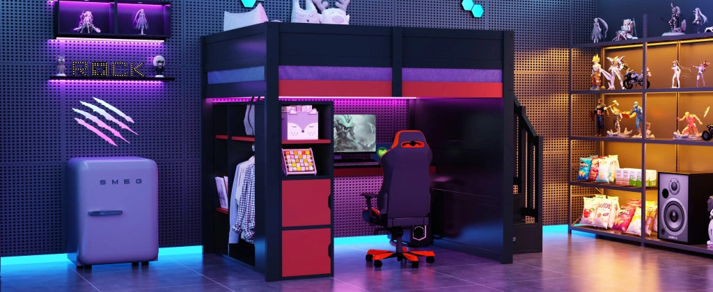 Letto a soppalco gaming in legno 140x200 cm con scrivania, ampio spazio contenitore, illuminazione LED, porta USB e scala nera con contenitore, nero + rosso