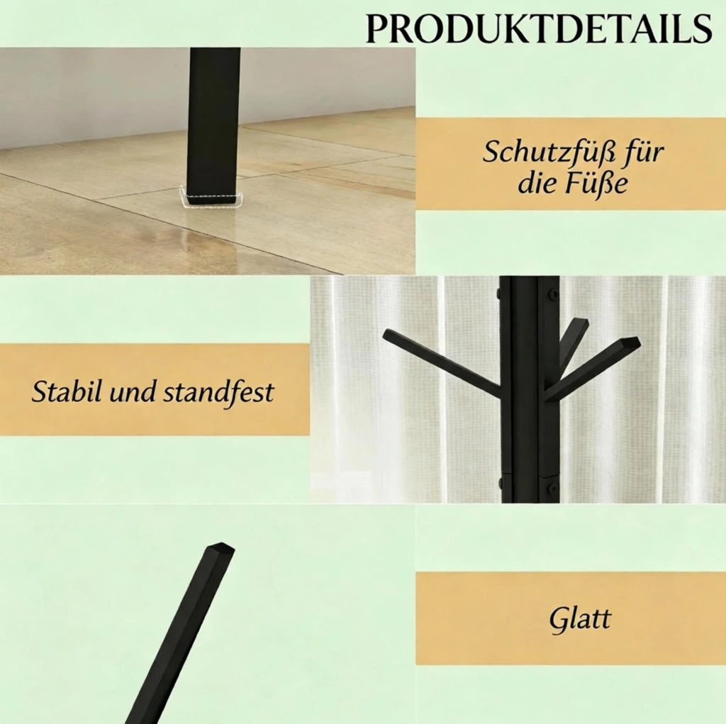 Appendiabiti moderno da terra in metallo e MDF nero con 9 ganci e ripiano, 45x45x180 cm