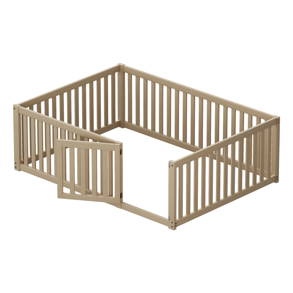 Letto a terra per bambini 140x200 cm in legno con sponde e cancelletto; senza rete; naturale