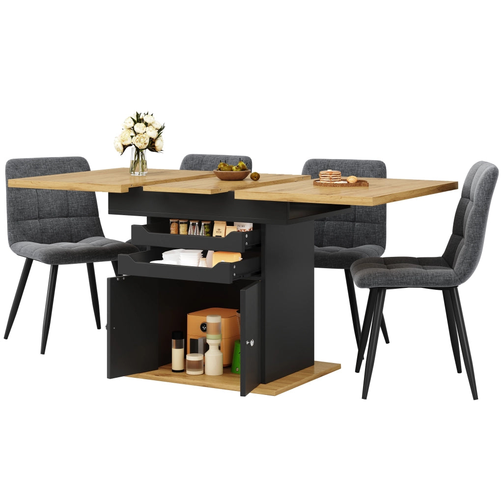 OKWISH Tavolo da Pranzo Allungabile con Vano Contenitore Integrato e Ripiani Estraibili, MDF, Nero, 110-140x80x76 cm