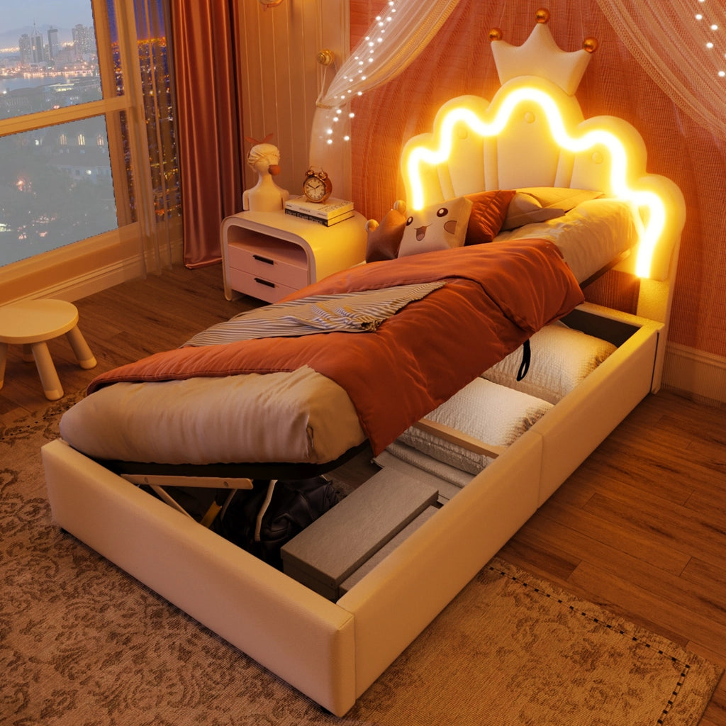 Letto singolo imbottito 90 × 200 cm con contenitore idraulico PU bianco testiera regolabile e LED