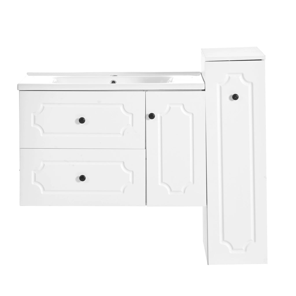 Desviae Mobile da bagno sospeso con lavabo in ceramica due cassetti e colonna laterale bianco 107 × 47,5 × 90,5 cm